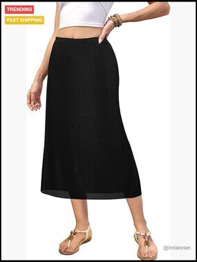 High Waisted A-Line Midi Skirt Flowy Mesh Skirt